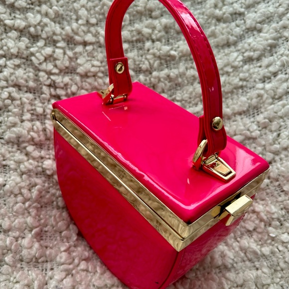 Pink One-of-a-Kind Patent Semi-Circle Box Bag with Short Handle & Shoulder Strap - Picture 3 of 8